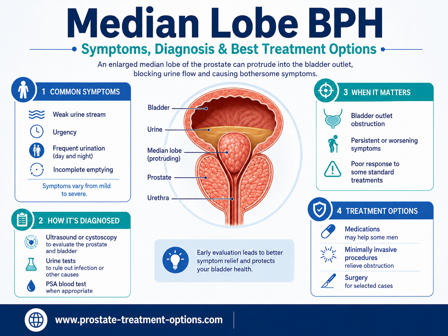 Median lobe BPH infographic showing symptoms, diagnosis and treatment options